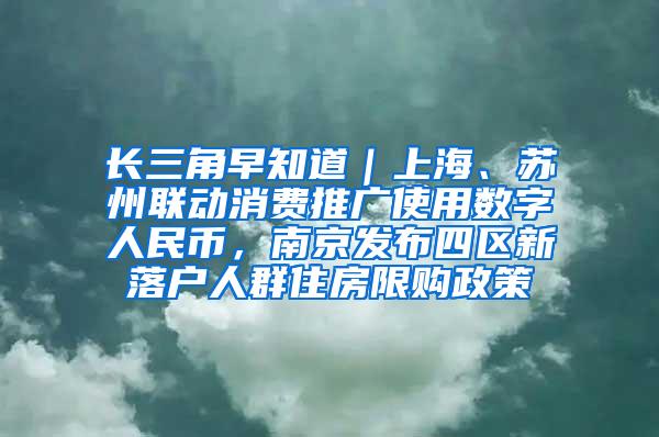 长三角早知道｜上海、苏州联动消费推广使用数字人民币，南京发布四区新落户人群住房限购政策