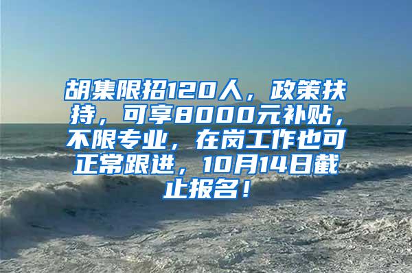 胡集限招120人，政策扶持，可享8000元补贴，不限专业，在岗工作也可正常跟进，10月14日截止报名！